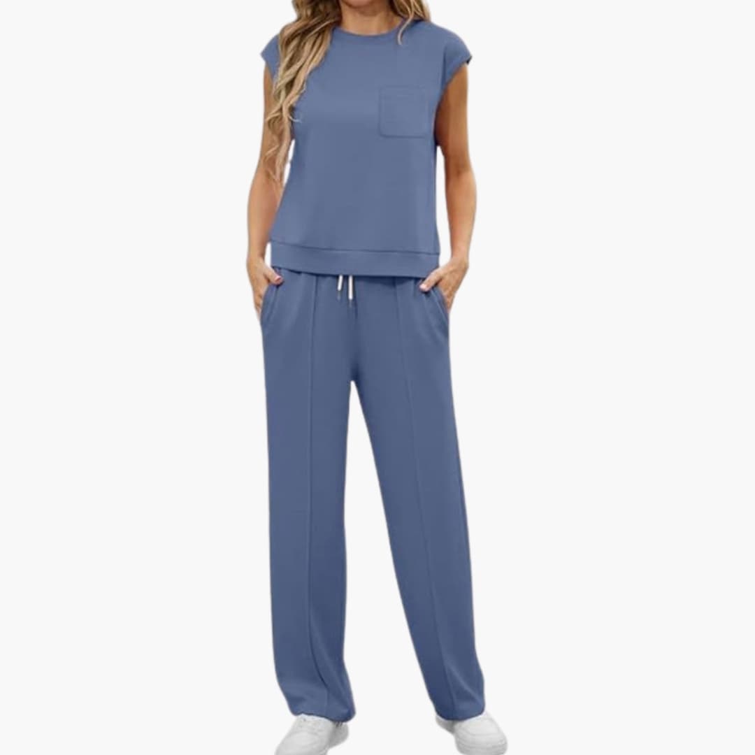 Women's Cap Sleeve Two Piece Set Round Neck Drawstring Pants