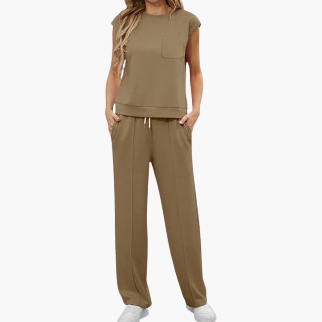 Women's Cap Sleeve Two Piece Set Round Neck Drawstring Pants