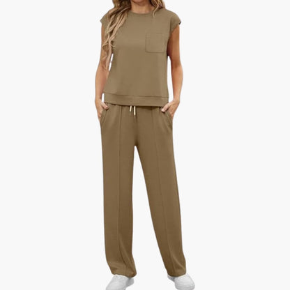 Women's Cap Sleeve Two Piece Set Round Neck Drawstring Pants