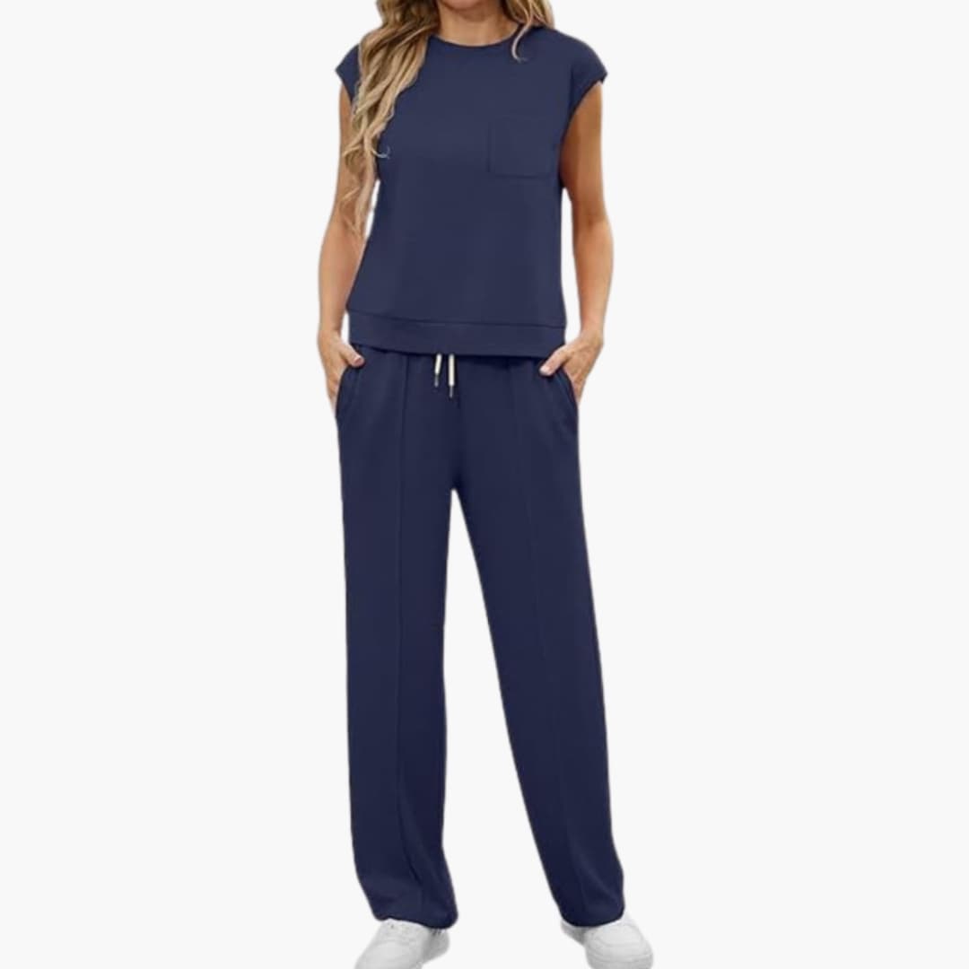 Women's Cap Sleeve Two Piece Set Round Neck Drawstring Pants