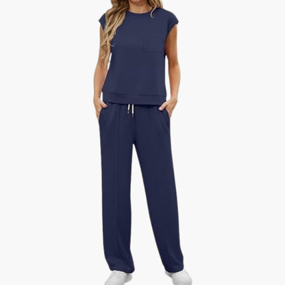 Women's Cap Sleeve Two Piece Set Round Neck Drawstring Pants