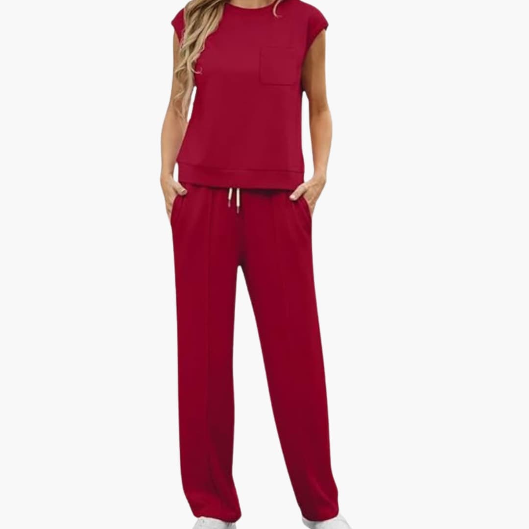 Women's Cap Sleeve Two Piece Set Round Neck Drawstring Pants