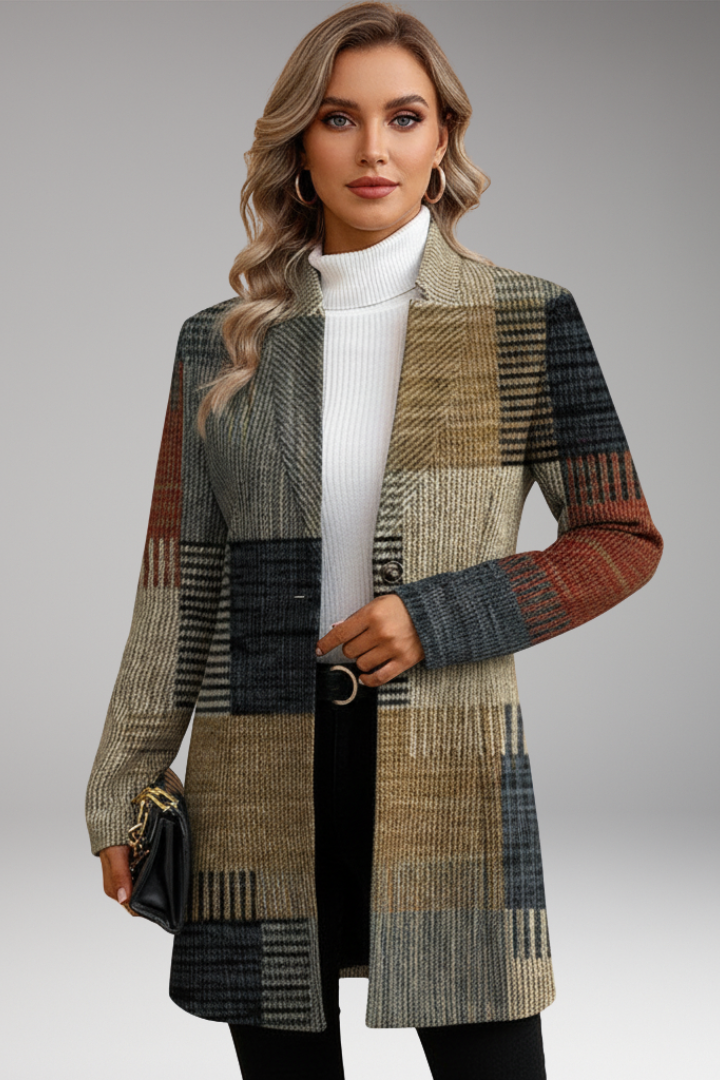 Women's Checked Blazer Lapel Collar Straight Fit