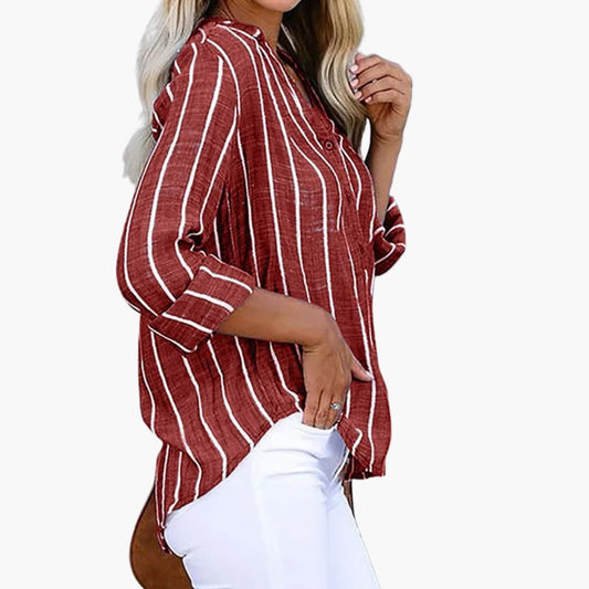 Women's Striped Button-Down Shirt Long Sleeve Cotton - Fashinoza