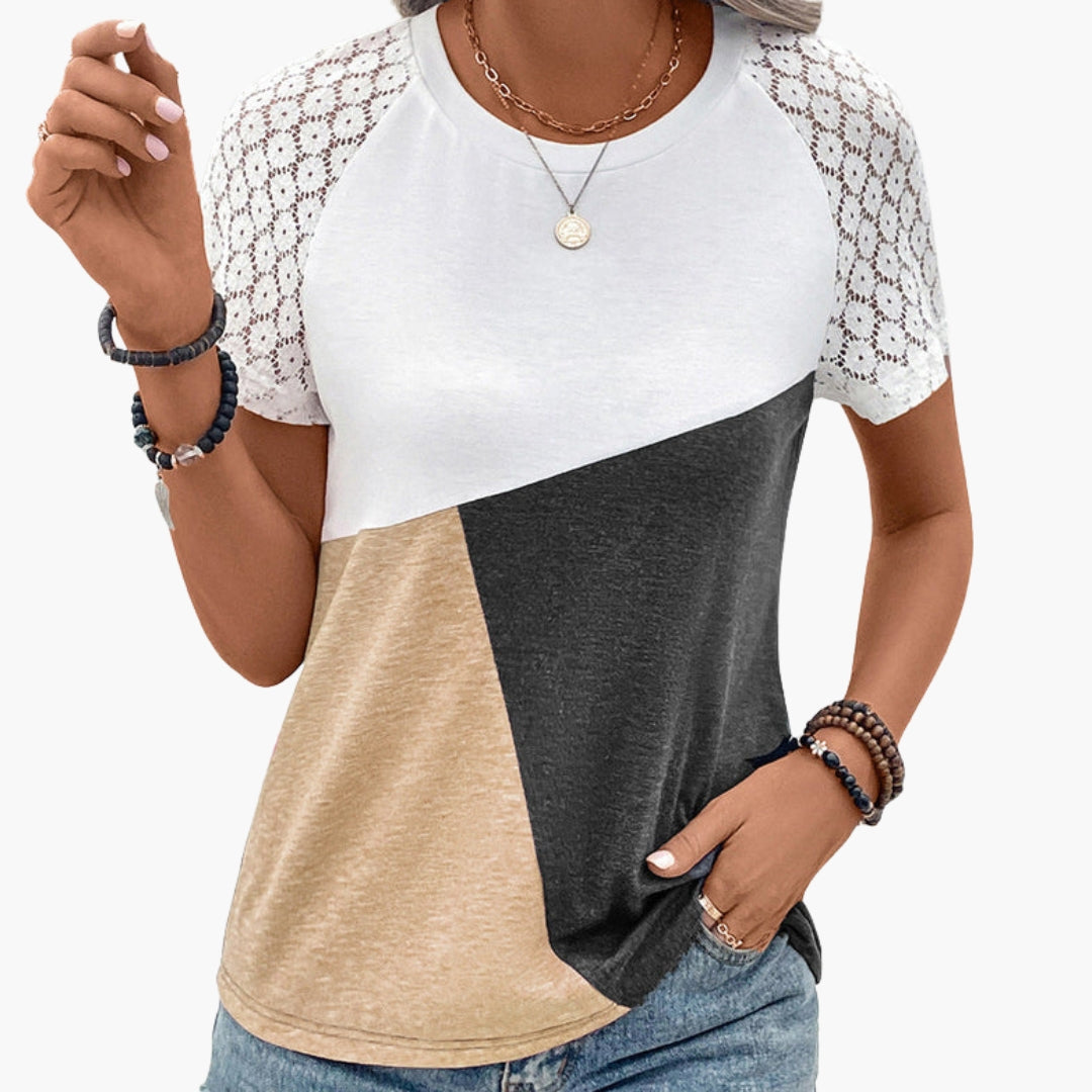 Women Color Block T-Shirt Lace Sleeves