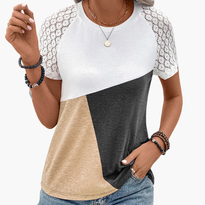 Women Color Block T-Shirt Lace Sleeves