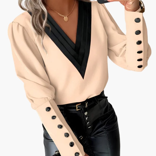 Women's Long Sleeve V-Neck Blouse Woven Multicolor - Fashinoza
