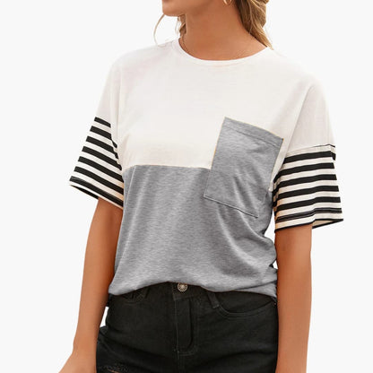 Women's Stripe T-Shirt Cotton Pocket Detail White