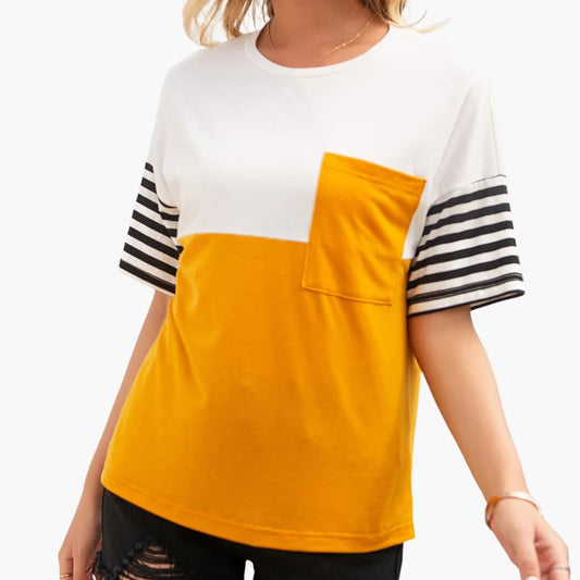 Women's Stripe T-Shirt Cotton Pocket Detail White - Fashinoza