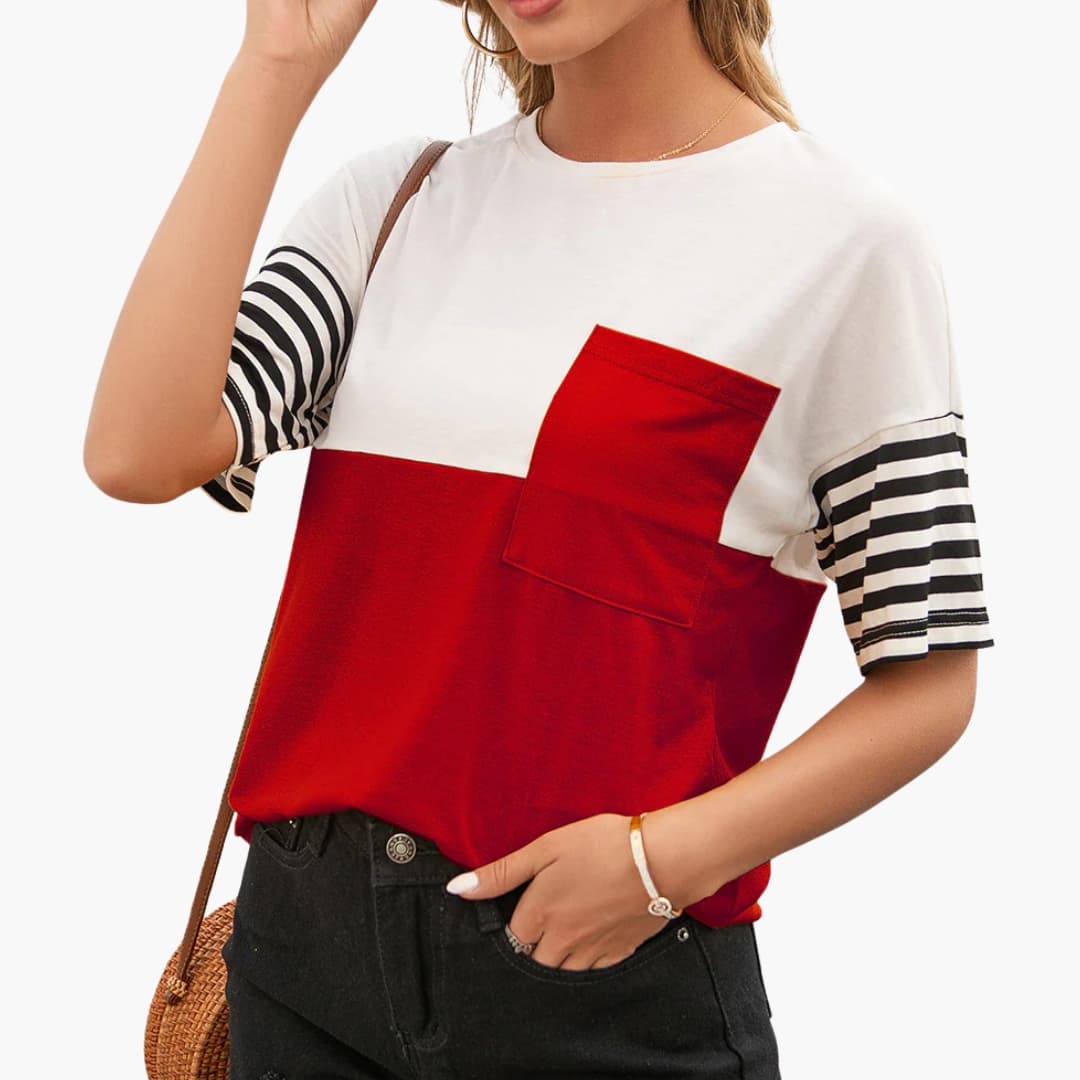 Women's Stripe T-Shirt Cotton Pocket Detail White
