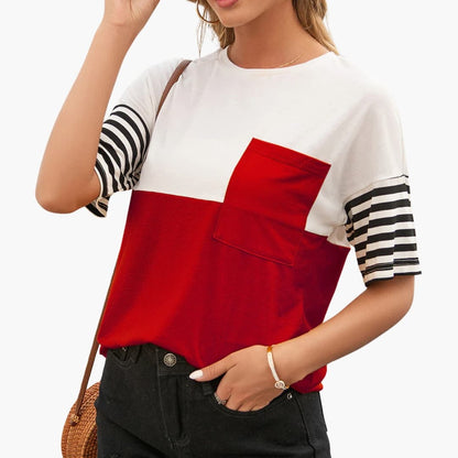Women's Stripe T-Shirt Cotton Pocket Detail White