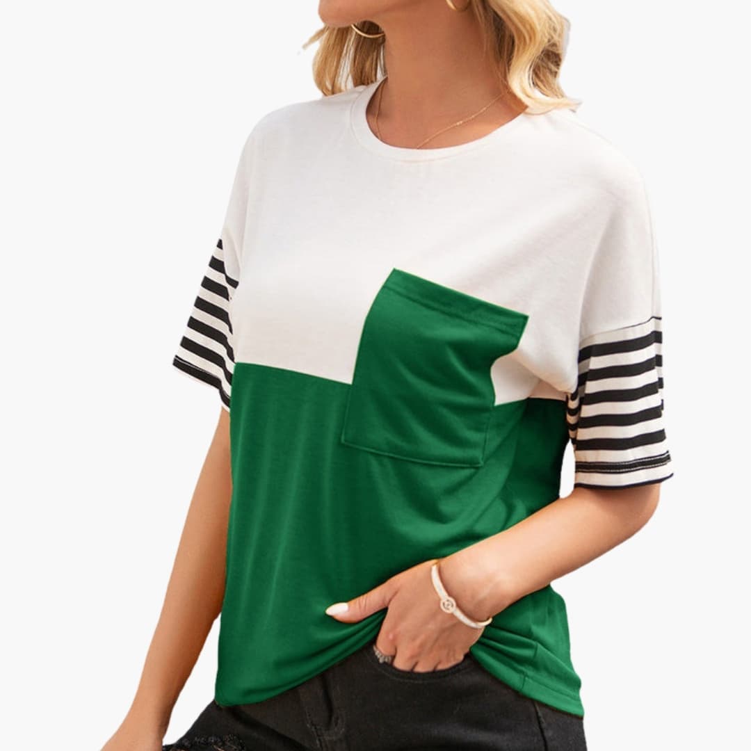 Women's Stripe T-Shirt Cotton Pocket Detail White
