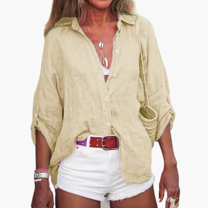 Women's Cotton Long Sleeve Blouse Crew Neck White
