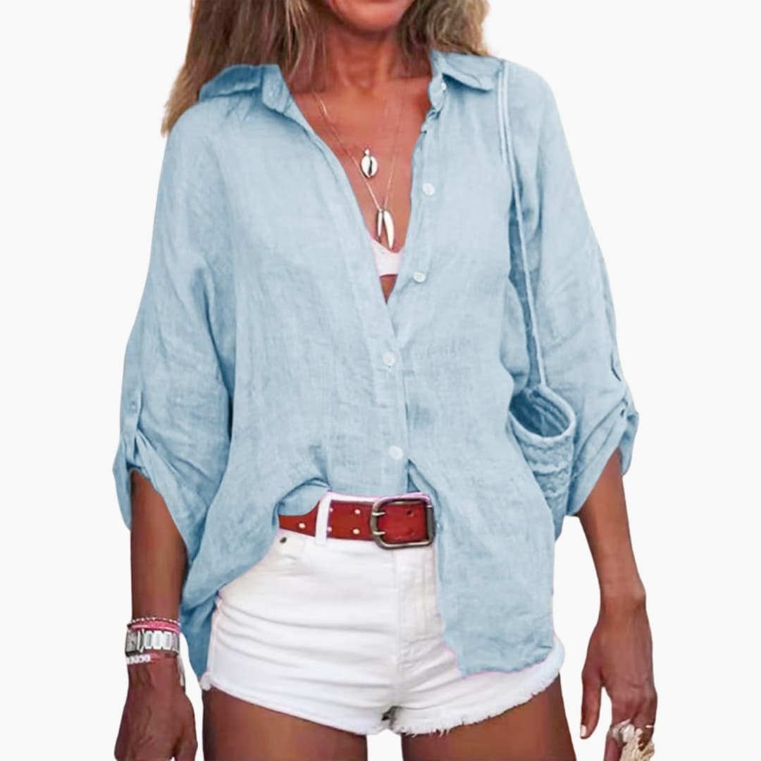 Women's Cotton Long Sleeve Blouse Crew Neck White
