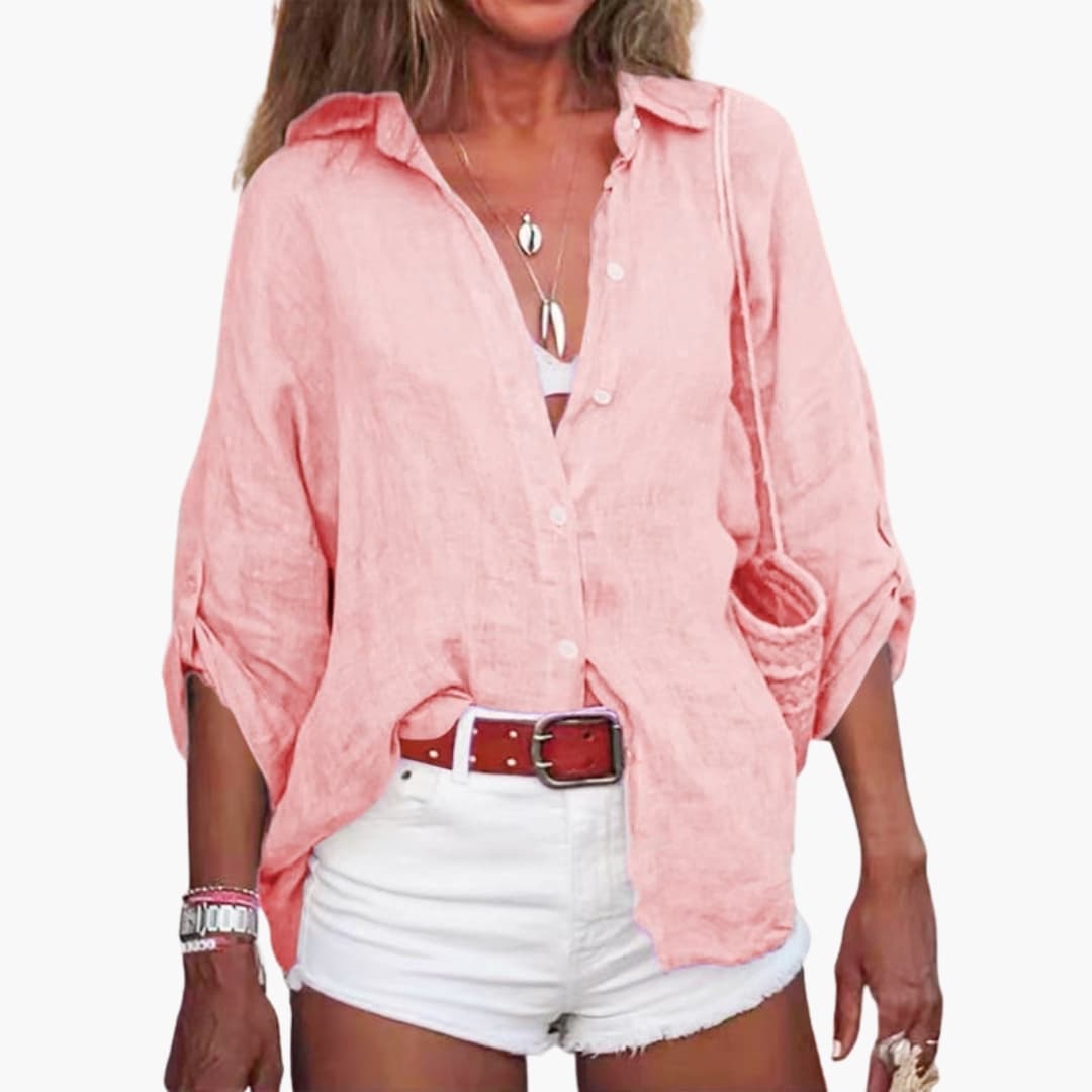 Women's Cotton Long Sleeve Blouse Crew Neck White - Fashinoza