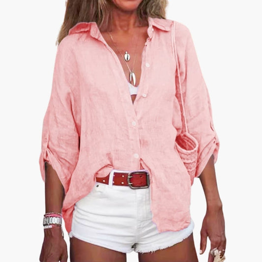 Women's Cotton Long Sleeve Blouse Crew Neck White - Fashinoza
