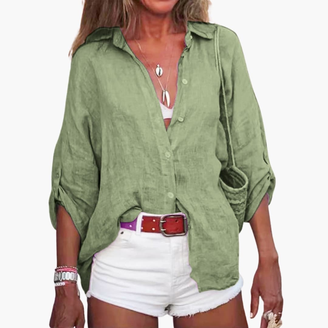 Women's Cotton Long Sleeve Blouse Crew Neck White