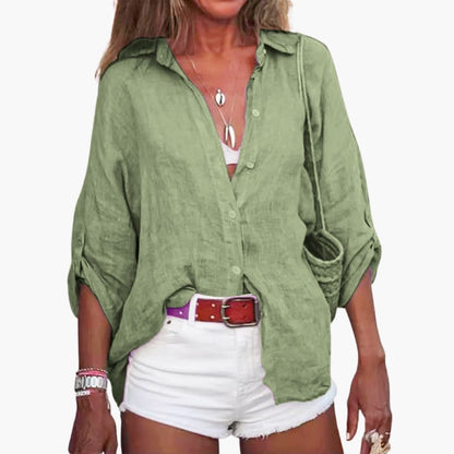 Women's Cotton Long Sleeve Blouse Crew Neck White