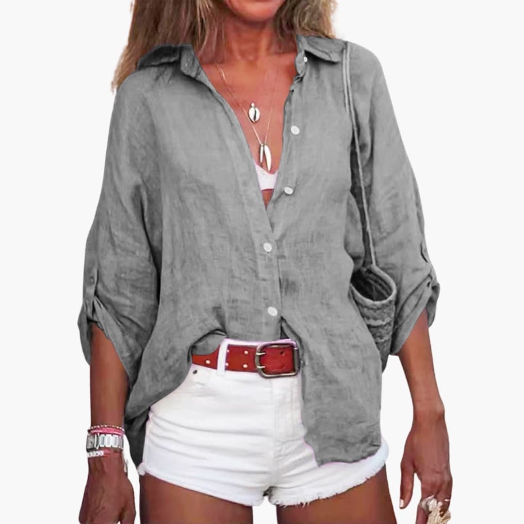 Women's Cotton Long Sleeve Blouse Crew Neck White