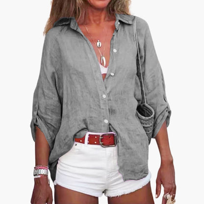 Women's Cotton Long Sleeve Blouse Crew Neck White