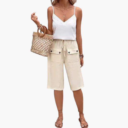 Women's Elastic Waist Shorts Cotton Patch Pockets Beige - Fashinoza