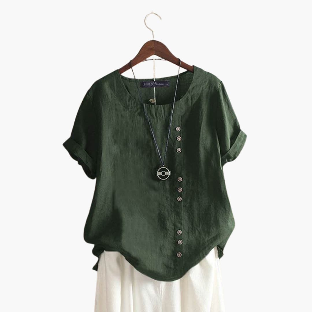 Women's Cotton Crew Neck Blouse Diagonal Button Detail - Fashinoza