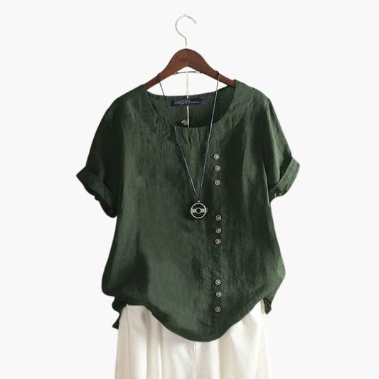 Women's Cotton Crew Neck Blouse Diagonal Button Detail - Fashinoza