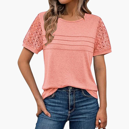 Women's Short Sleeve Crochet T-Shirt Pleated Front