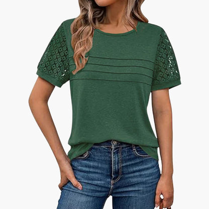 Women's Short Sleeve Crochet T-Shirt Pleated Front