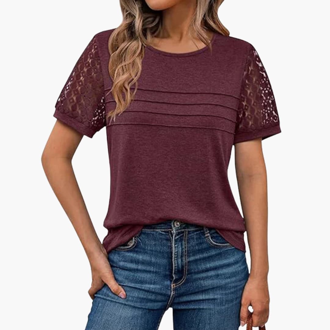 Women's Short Sleeve Crochet T-Shirt Pleated Front