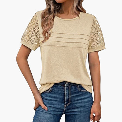Women's Short Sleeve Crochet T-Shirt Pleated Front