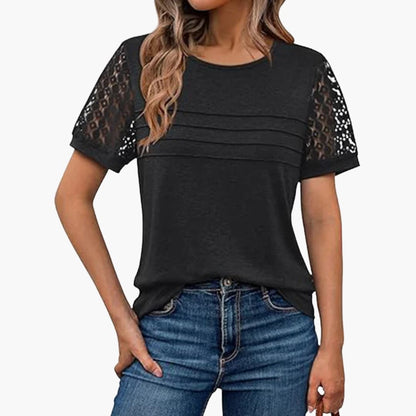 Women's Short Sleeve Crochet T-Shirt Pleated Front