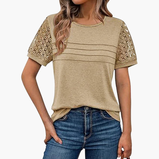 Women's Short Sleeve Crochet T-Shirt Pleated Front - Fashinoza