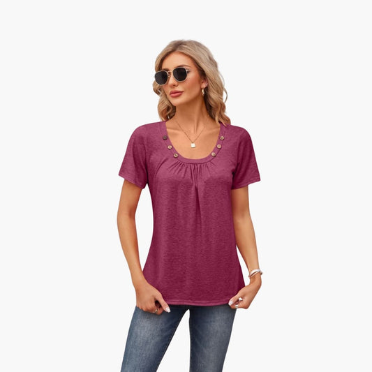 Women's Short Sleeve T-Shirt Crew Neck Decorative Button Front - Fashinoza
