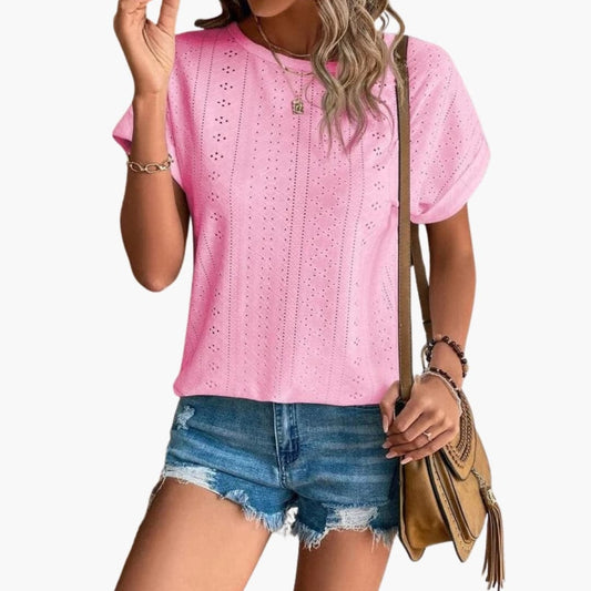 Women's Short Sleeve T-Shirt Crew Neck Eyelet Pattern - Fashinoza