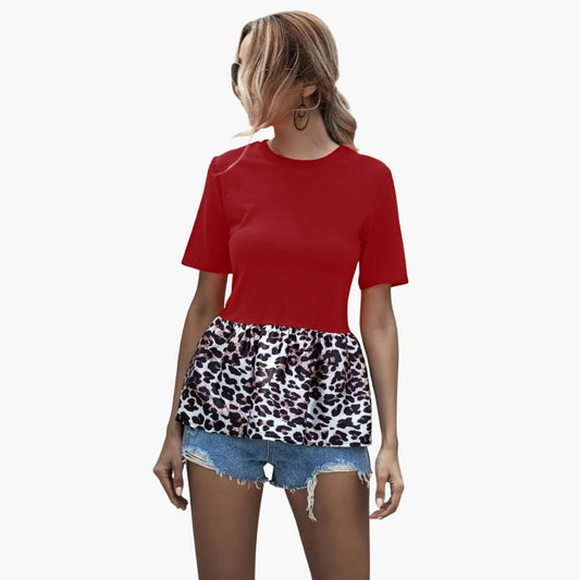 Women's Peplum T-Shirt Leopard Print Crew Neck - Fashinoza