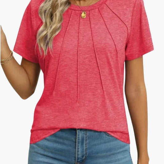 Women's Short Sleeve T-Shirt Crew Neck Pleated Front - Fashinoza