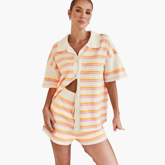 Women's Crochet Two Piece Set Short Sleeve and Shorts - Fashinoza