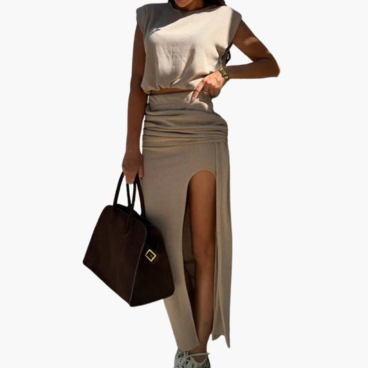 Women's Crop High-Waist Maxi Skirt Set - Fashinoza