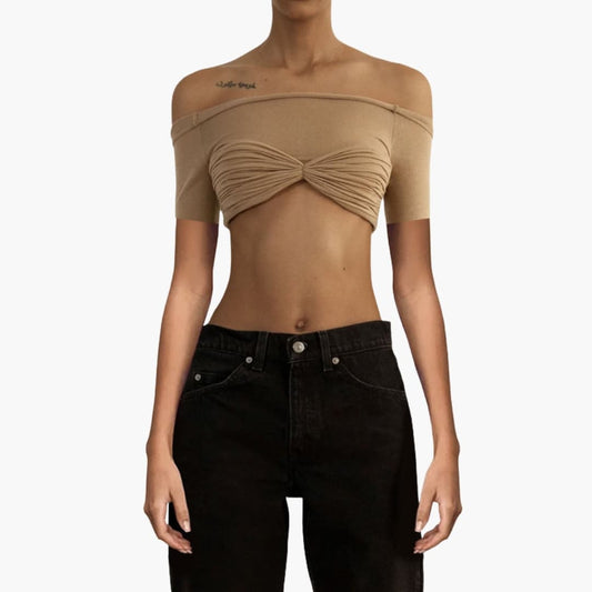 Women's Off Shoulder Crop Ruffle Front - Fashinoza