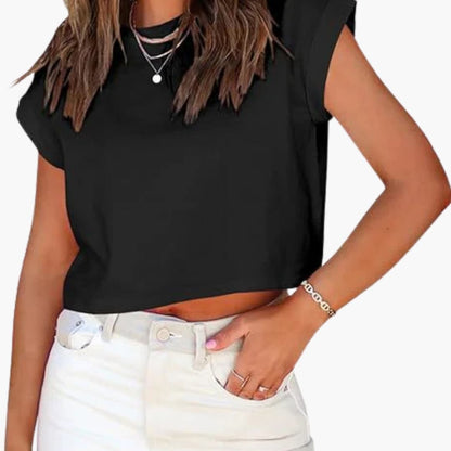 Women's Rolled Sleeve Crop Round Neck