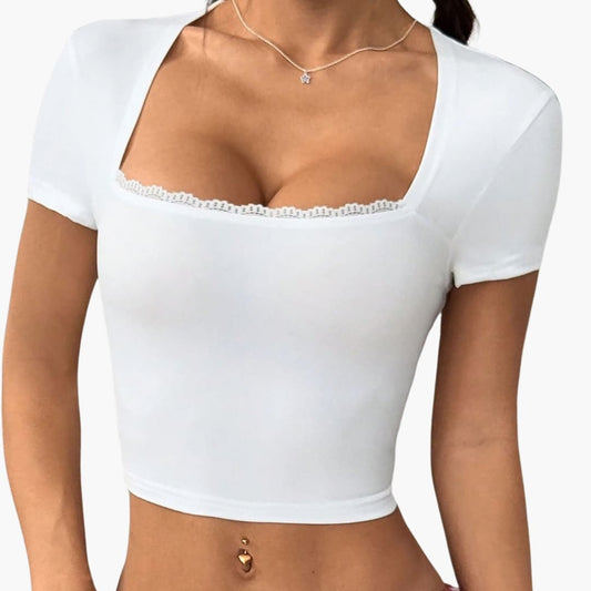 Women's Lace Trim Crop Square Neck - Fashinoza