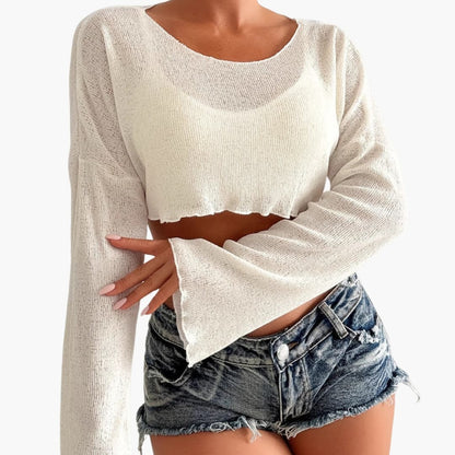 Women's Wrap Front Crop Wide Sleeves - Fashinoza