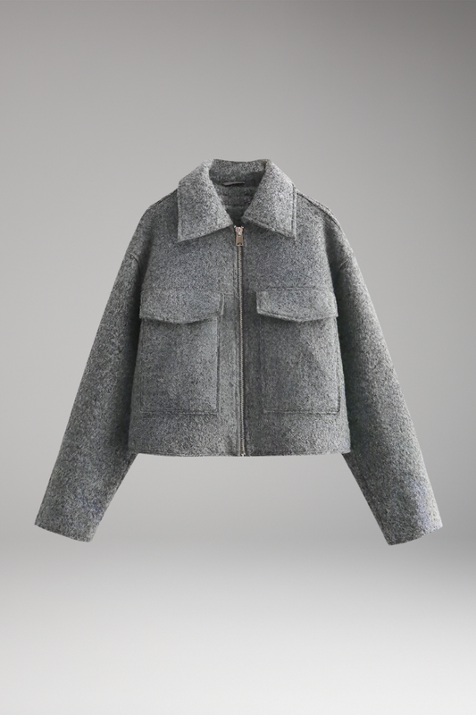 Women's Cropped Bomber Jacket Lapel Collar Side Pockets - 
Fashinoza