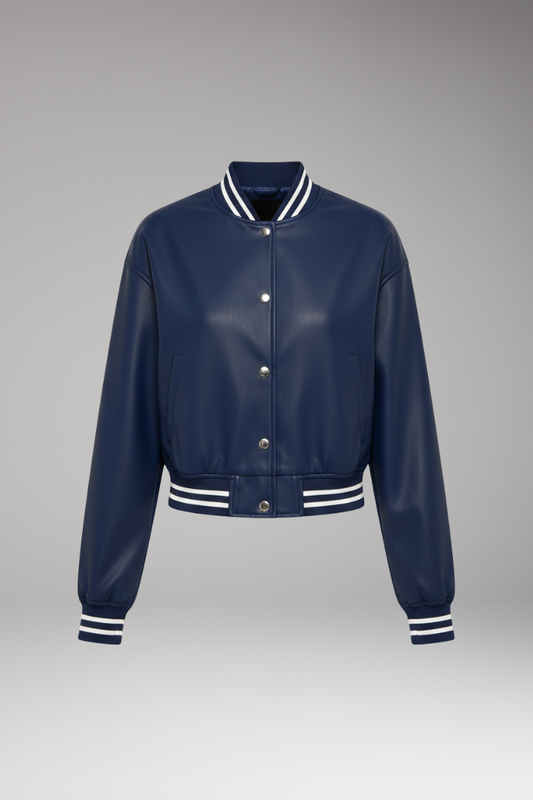 Women's Cropped Bomber Jacket Snap Button Ribbed Cuffs - 
Fashinoza