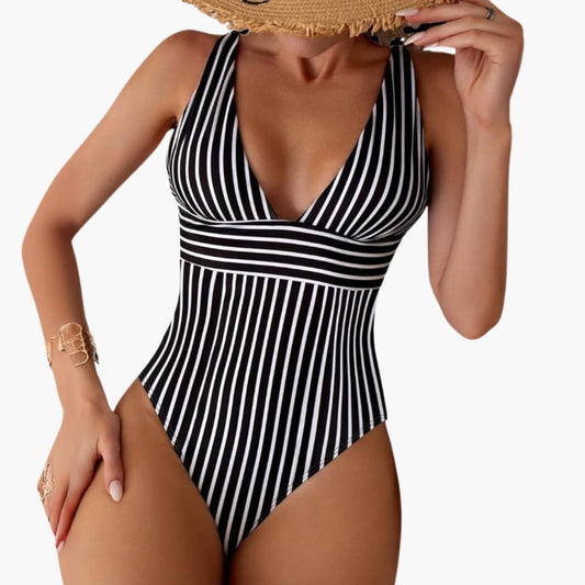 Women's Striped One-Piece Swimsuit Deep V-Neck High Leg - Fashinoza