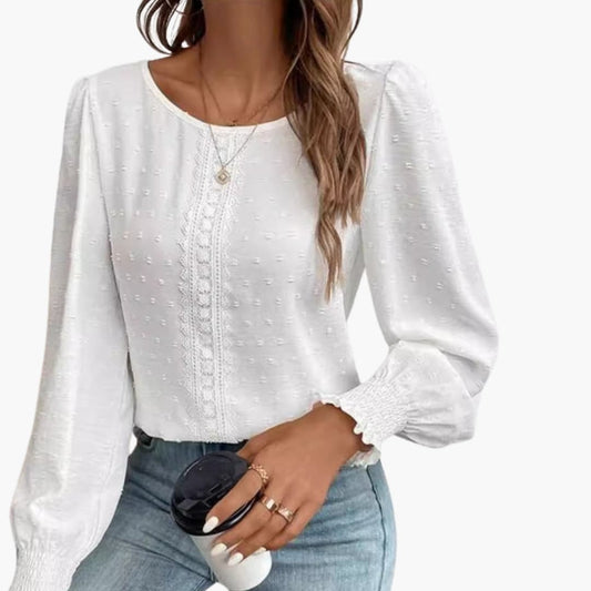 Women's Embroidered Long Sleeve Blouse Woven Loose Fit Beige - Fashinoza