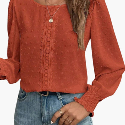 Women's Embroidered Long Sleeve Blouse Woven Loose Fit Beige