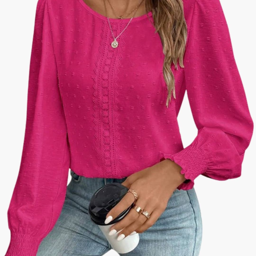Women's Embroidered Long Sleeve Blouse Woven Loose Fit Beige