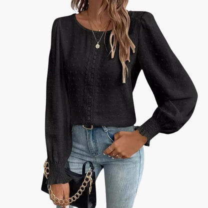 Women's Embroidered Long Sleeve Blouse Woven Loose Fit Beige